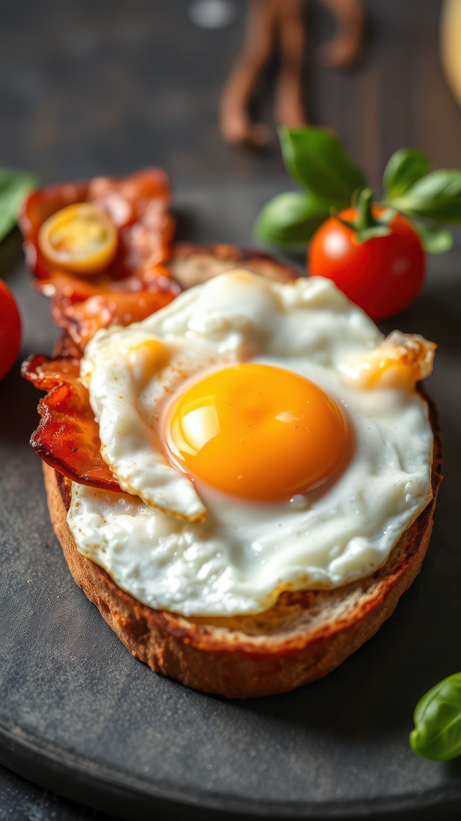 Delicious breakfast featuring fried egg, crispy bacon, and fresh tomatoes on toasted bread served on a rustic wooden table